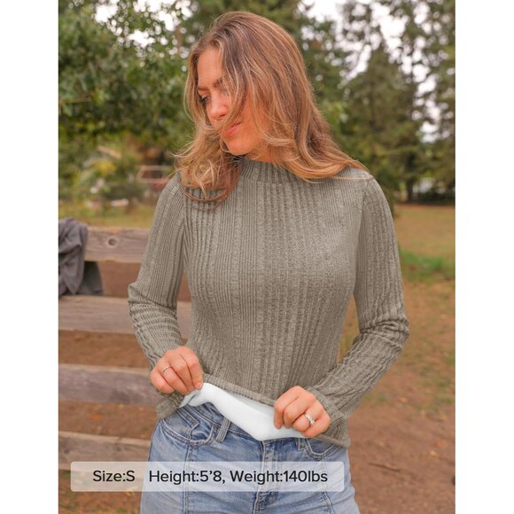 Women's Fleece Sherpa Lined Mock Neck Knit Thermal Long Sleeve Top - Picture 5 of 6